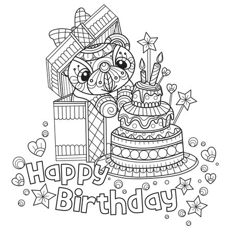 Teddy bear in gift box and birthday cake hand drawn for adult coloring bookのイラスト素材