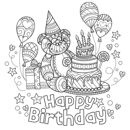 Happy birthday teddy bear hand drawn for adult coloring bookのイラスト素材