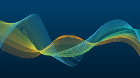 Modern wavy lines with colorful bright soft yellow teal green gradient colors.のイラスト素材