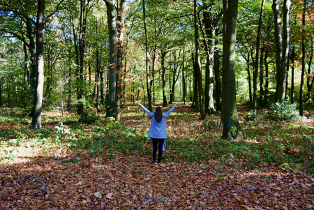 A beautiful woman takes a walk through the leaves in the forest of Duisburg in Germanyの写真素材