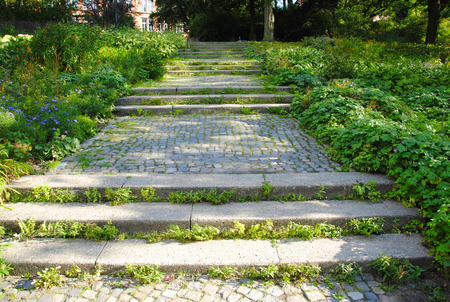 Rocky stairway between lots of vegetation in the famous "Planten un Blomen" park in Hamburg in Germanyの写真素材