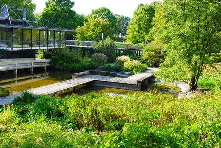 a small bridge above a pond in the famous "Planten un Blomen" park in Hamburg in Germanyの写真素材