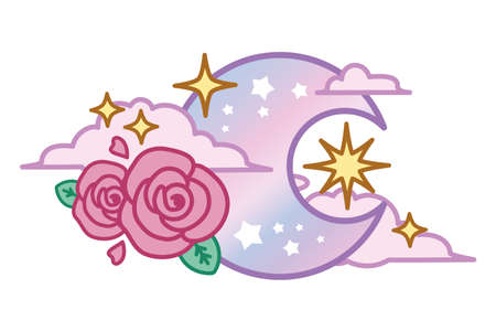 Cute pastel color vector illustration of pink and purple moon with stars cloud and rosesのイラスト素材