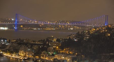 Cityscape at night with shiny bridgeの写真素材