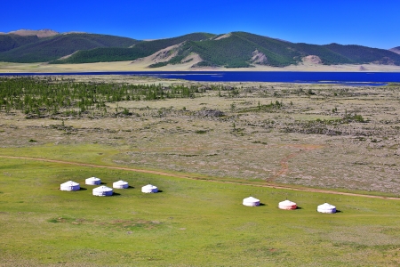 Yurt settlements, Terkhiin Tsagaan Lake, central mongoliaの写真素材