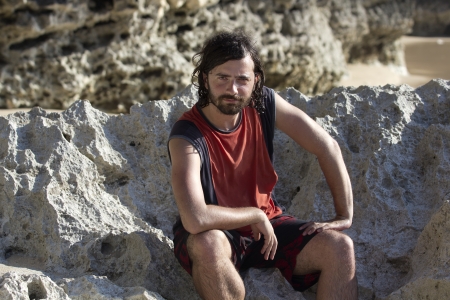 Man with Funny Face at Beachの写真素材