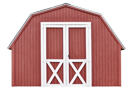 Barn style utility tool shed for garden and farm equipment, isolated on white backgroundの写真素材