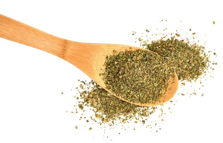 Marjoram leaves dried for food seasoning, on white background.の写真素材
