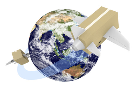 Global shipping concept of boxes flying around the worldの写真素材