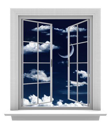 Open window with a beautiful crescent moon and clouds in a night skyの写真素材
