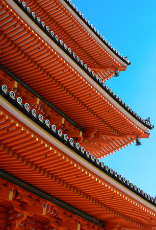 Eves and roof tile ends on the famous three-story pagoda at Kizomizu-dera in Kyoto