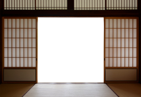 Traditional Japanese wood and rice paper doors and tatami mat flooringの写真素材
