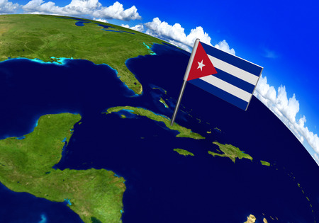 Flag marker over country of Cuba on world map 3D rendering, parts of this image furnished by NASAの写真素材