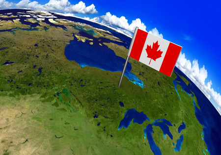 Flag marker over country of Canada on world map 3D rendering, parts of this image furnished by NASAの写真素材