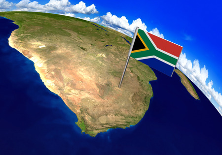 Flag marker over country of South Africa on world map 3D rendering, parts of this image furnished by NASAの写真素材