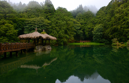 Elder Sister Pond and gazebo at Alishan National Forest in Chiayi District, Taiwanの写真素材