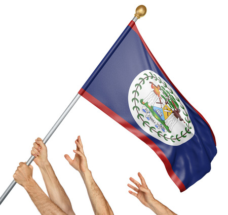 Team of peoples hands raising the Belize national flag, 3D rendering isolated on white backgroundの写真素材