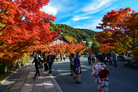 KYOTO, JAPAN - NOVEMBER 16, 2016 - Visitors and foreign tourists enjoy the vibrant colors of fall at Eikan-do Zenrin-ji Temple in Kyoto, Japanのeditorial素材