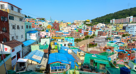 BUSAN, SOUTH KOREA - JUNE 19, 2016 - Brightly painted houses on a hill in Gamcheon Culture Village in Busan, South Koreaのeditorial素材
