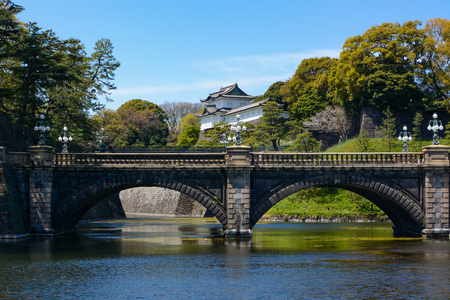 Historic Seimon Ishibashi Bridge and guard tower turret at Tokyo Imperial Palace in Japanのeditorial素材