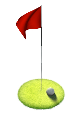 White golf ball and red flag sitting on grass putting green, 3D renderingの写真素材