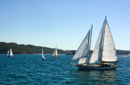 Sailboat with open sails cruising over choppy water in Sydney Harbor, Australiaの写真素材