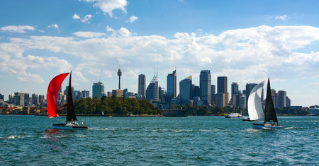 Sydney's iconic skyline is framed between two colorful sailboats sailing the city's beautiful harborの写真素材