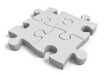 3D rendering of a group of four interlocked puzzle pieces on a white backgroundの写真素材
