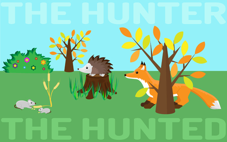 The hunter or the hunted. Food chain in a wild life. Mouse, hedgehog, fox.のイラスト素材
