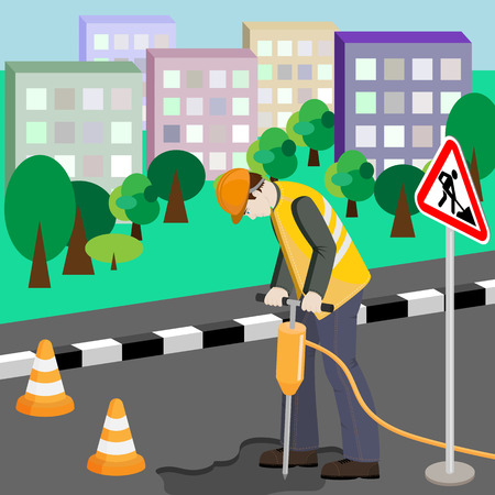 Repairing of the road in town. Repairman with jackhammer doing his workのイラスト素材