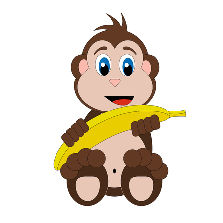 Laughing brown monkey with yellow banana isolated on white backgroundのイラスト素材