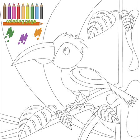 Coloring book page of bird on the tree for kidsのイラスト素材