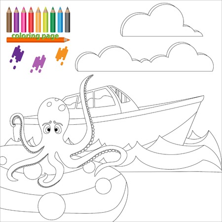 Coloring page for kids. octopus is sitting on the stone and waiting for shipのイラスト素材