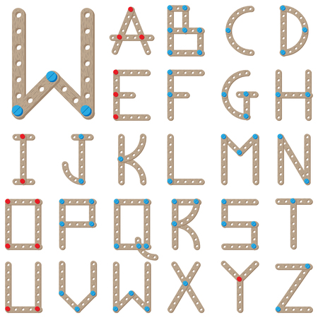 Latin alphabet. Wooden meccano letters. Constructor fontのイラスト素材