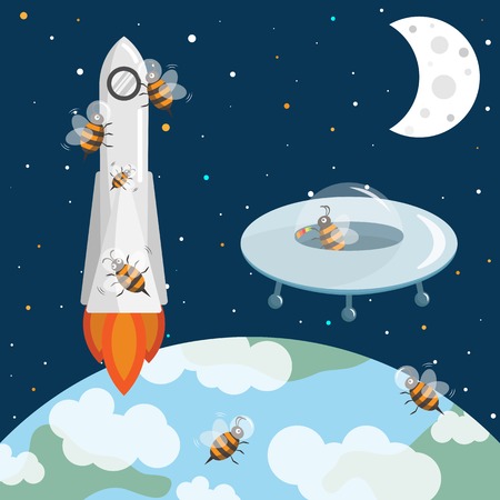 Bees in the space. Flying UFO and rocket. Stars, earth and moon. Cosmos illustration with spaceshipsのイラスト素材