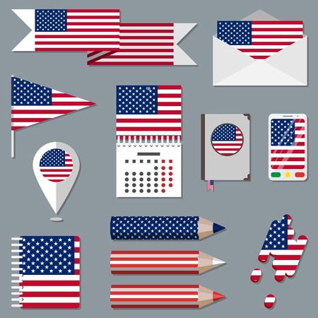 Collection of stationety icons with flag elements. National sign set. United States of America. USAのイラスト素材