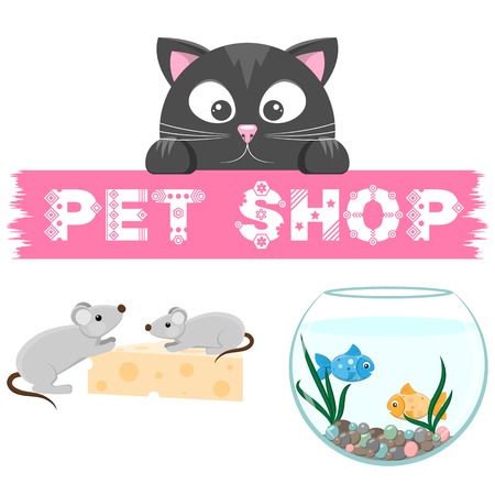 Pet shop emblem. Banner with name of animal store. Cat, mouse and fish on the pictureのイラスト素材