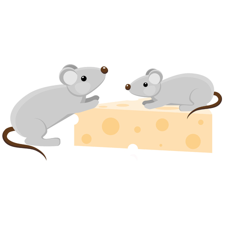 Two grey mouses with a piece of cheese. Cartoon styleのイラスト素材