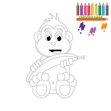 Coloring page. Happy monkey with banana. Cartoon styleのイラスト素材