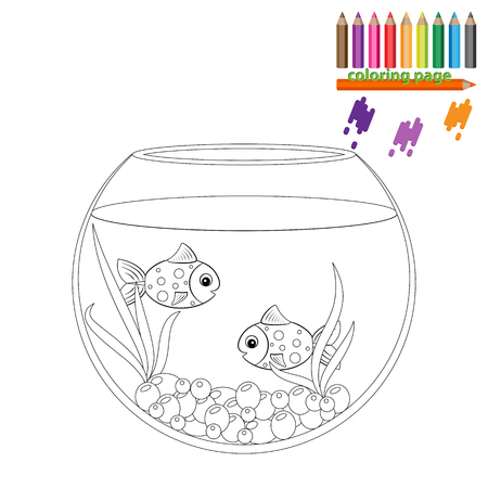 Coloring page. Golden and blue fish in the round aquarium. Cartoon stileのイラスト素材