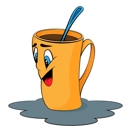 Cartoon cup with coffee. Mug with surprised facial expressionのイラスト素材