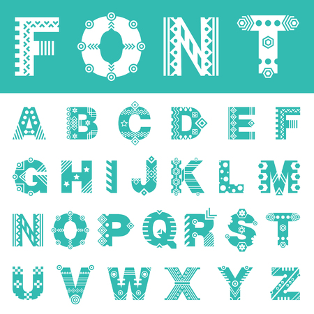 Decorative font with ornament. Vector alphabet set consists of uppercase latin letters. Vector typeface for headersのイラスト素材