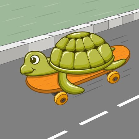 Funny cartoon turtle riding skateboard on the roadの写真素材
