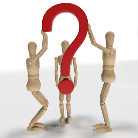 Three wooden figures holding a question markの写真素材