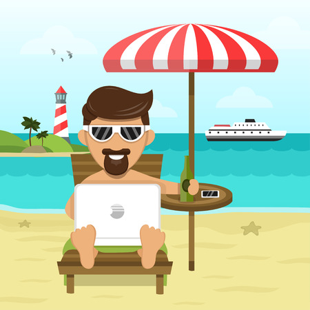 on the beach freelance Work & Rest flat illustrationのイラスト素材