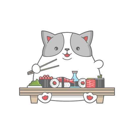 Happy fat cat eat a sushi illustrationのイラスト素材