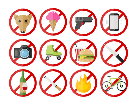 Vector "prohibitory signs" icons set: no smoking, no dogs, no fire, no cameras, no ice cream, no cell phones, no bicycles, no guns, no alcohol. no food, no rollers, no knifeのイラスト素材