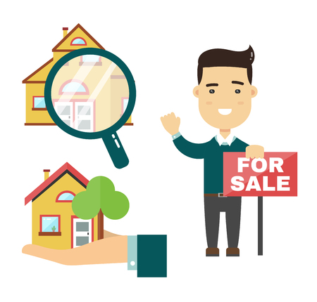 real estate agent flat character and real estate flat illustration icons. isolated on white backgroundのイラスト素材