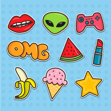 Set of cartoon teenager stickers. Flat line illustrations. Patches collectionのイラスト素材