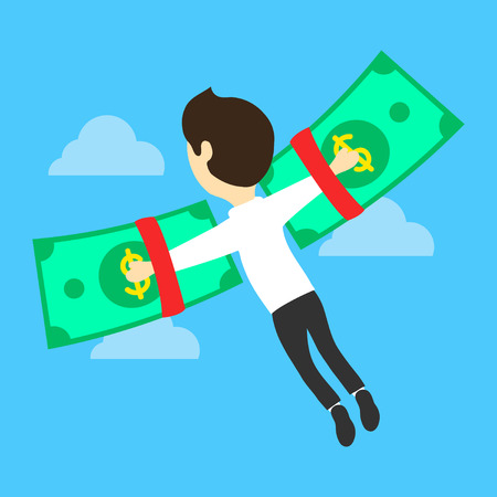 Business concept "money is freedom". Flat vector illustration. Businessman on the dollar-wings. Financial independenceのイラスト素材